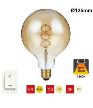 SPL E27 Led Bollamp G125 Fila-Flex, 5 Watt, 460 Lumen, 2200K Flame, 3 Steps-Dim (100%/50%/25%), Goudkleurig Glas, 2 Jaar Garantie