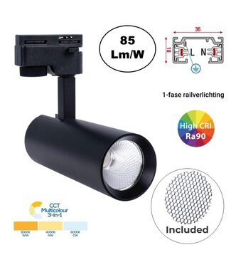 1 Fase Rail Spot 10w, 820 Lumen, CCT-Switch (3000K/4000K/6000K), CRI90, Incl. UGR Filter, Zwartkleurige behuizing, 3 Jaar Garantie