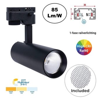 1 Fase Rail Spot 10w, 820 Lumen, CCT-Switch (3000K/4000K/6000K), CRI90, Incl. UGR Filter, Zwartkleurige behuizing, 3 Jaar Garantie