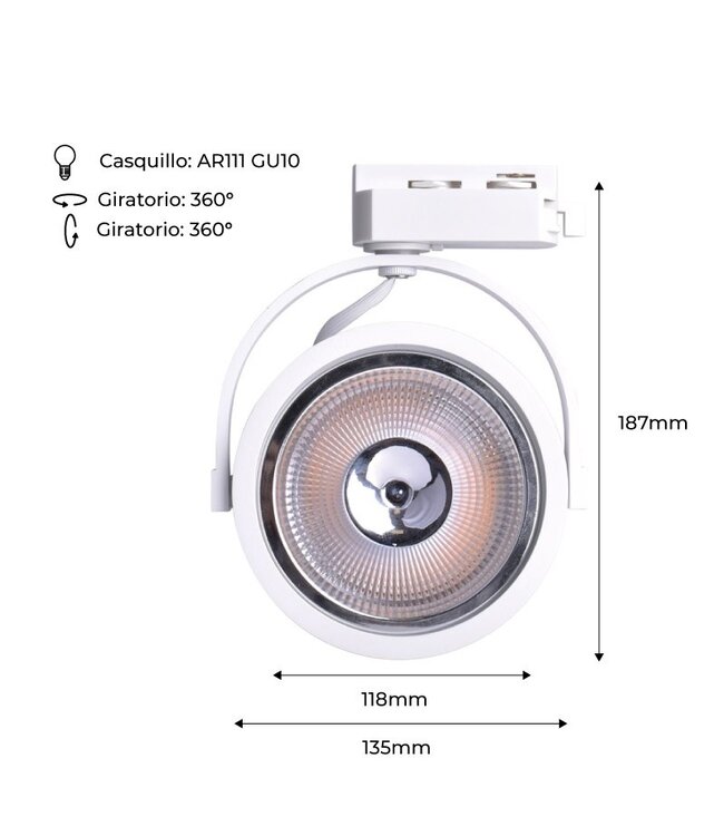 1 Fase Rail armatuur AR111 met GU10 Fitting, Witkleurige behuizing