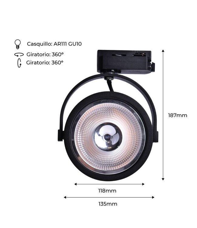 1 Fase Rail armatuur AR111 met GU10 Fitting, Zwartkleurige behuizing