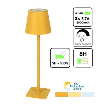 UITVERKOOP: Oplaadbare LED Tafellamp Geel, 3,5w, 400 Lumen, 2x 2000Mah Li-Ion batterij, CCT Switch 3000K/4000K/5000K, IP54