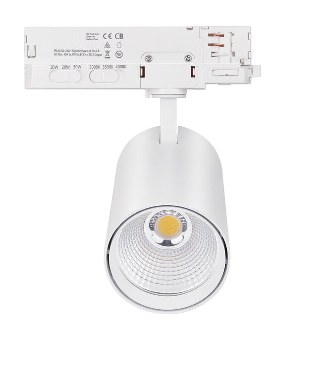 3 Fase LED Rail Spot Koker, TRIAC-Dimbaar,  Wattage switch: 10/20/30w,  CCT-Switch, 950 tot 2850 lumen, CRI>90, Witte Behuizing , 3 Jaar Garantie
