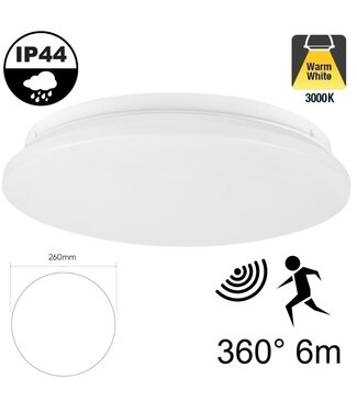 Led Plafonnière 12w met Bewegingssensor, 900 Lumen, 3000K Warm Wit, IP44, Ø260mm, 2 jaar garantie