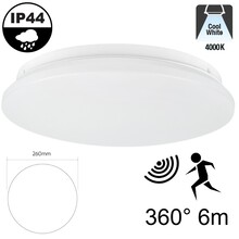 Led Plafonnière 12w met Bewegingssensor, 960 Lumen, 4000K Neutraal Wit, IP44, Ø260mm, 2 jaar garantie