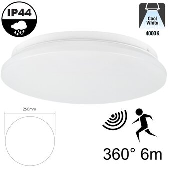 Led Plafonnière 12w met Bewegingssensor, 960 Lumen, 4000K Neutraal Wit, IP44, Ø260mm, 2 jaar garantie