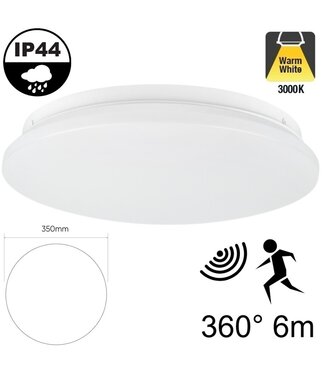 Led Plafonnière 18w met Bewegingssensor, 1450 Lumen, 3000K Warm Wit, IP44, Ø350mm, 2 jaar garantie