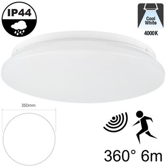 Led Plafonnière 18w met Bewegingssensor, 1550 Lumen, 4000K Neutraal Wit, IP44, Ø350mm, 2 jaar garantie