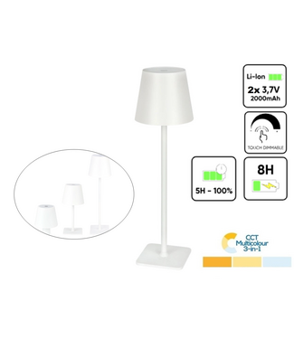 Oplaadbare LED Tafellamp Wit 4 IN 1, 3,5w, 400 Lumen, 2x 2000Mah Li-Ion batterij, CCT Switch 3000K/4000K/5000K, IP54, 2 Jaar Garantie