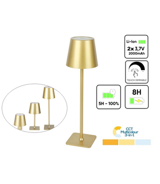 Oplaadbare LED Tafellamp Goud 4 IN 1, 3,5w, 400 Lumen, 2x 2000Mah Li-Ion batterij, CCT Switch 3000K/4000K/5000K, IP54, 2 Jaar Garantie