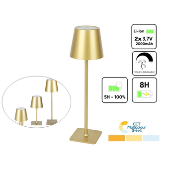 Oplaadbare LED Tafellamp Goud 4 IN 1, 3,5w, 400 Lumen, 2x 2000Mah Li-Ion batterij, CCT Switch 3000K/4000K/5000K, IP54, 2 Jaar Garantie
