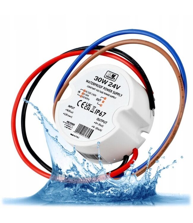 Wandcontactdoos - Mini Led Strip voeding 24V/30W/1,25A, Max: 24W, Afm:50x22 mm, IP67, 2 Jaar Garantie