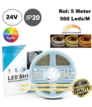 Premium Led Strip ROL 5 Meter COB, 12.6w/m, 1080 Lm/m, 560 led/m, Dim To Warm (2700K>2200K), CRI90, 24v, IP20, 10mm, 3 Jaar garantie