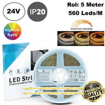 Premium Led Strip ROL 5 Meter COB, 12.6w/m, 1080 Lm/m, 560 led/m, Dim To Warm (2700K>2200K), CRI90, 24v, IP20, 10mm, 3 Jaar garantie