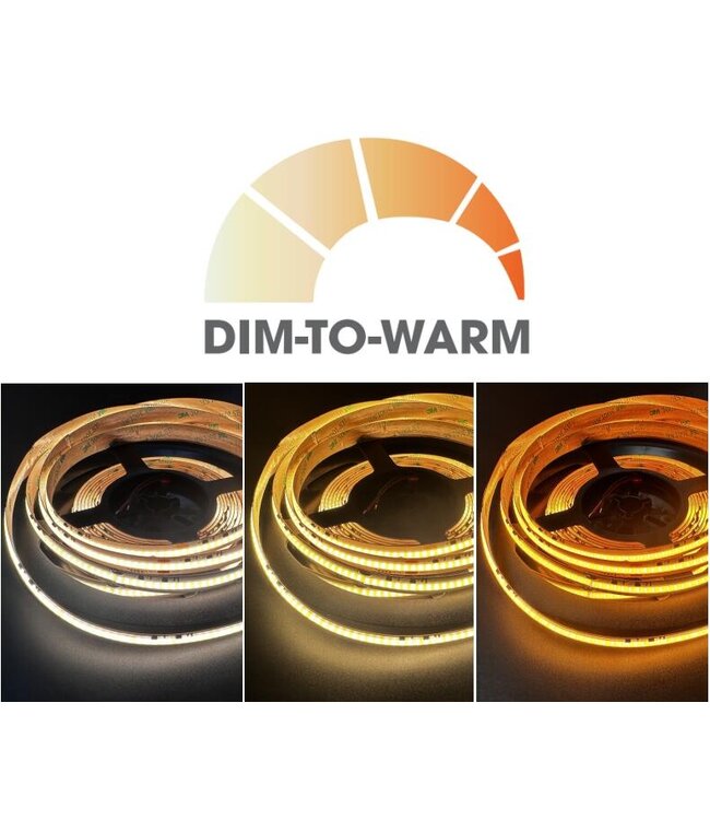 Premium Led Strip ROL 5 Meter COB, 12.6w/m, 1080 Lm/m, 560 led/m, Dim To Warm (2700K>2200K), CRI90, 24v, IP20, 10mm, 3 Jaar garantie