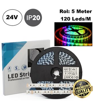 Led Strip ROL 5 Meter 4040SMD, 18w/m, 120 led/m, RGB, 24v, IP20, 10mm, 2 Jaar garantie