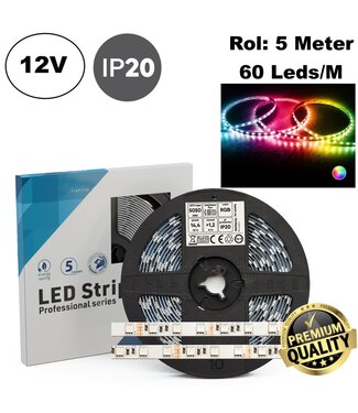 Led Strip ROL 5 Meter 5050SMD, 14.4w/m, 60 led/m, RGB, 12v, IP20, 10mm, 2 Jaar garantie