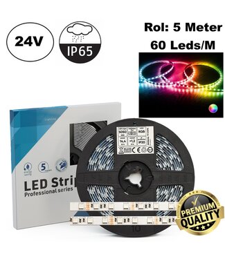 Led Strip ROL 5 Meter 5050SMD, 14.4w/m, 60 led/m, RGB, 24v, IP65, 10mm, 2 Jaar garantie