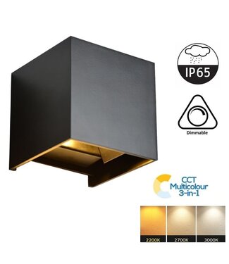 Reserveer: LED Wandlamp Cube 2x3 Watt, 2x 270 Lumen, CCT-Switch (2200K/2700K/3200K), Dimbaar, IP65, Zwart, 2 Jaar Garantie