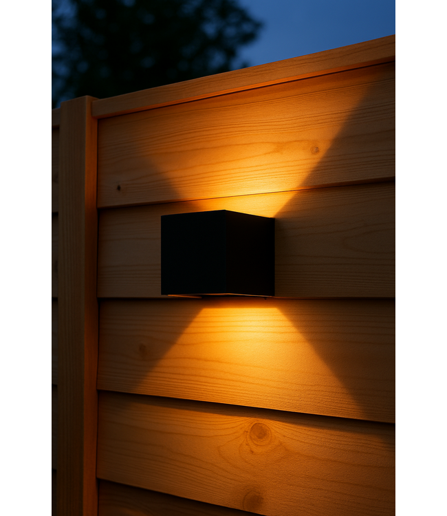 Reserveer: LED Wandlamp Cube 2x3 Watt, 2x 200 Lumen, Dim To Warm (3000K>2000K), Dimbaar, IP65, Zwart, 2 Jaar Garantie