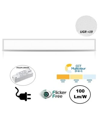 FLAT UGR19 LED Paneel 150x15cm, 10-42w, 100 Lumen/watt, Color Switch (3000/4000/6000K), Flikkervrije Philips LED Driver, Stekkerklaar, 5 Jaar Garantie