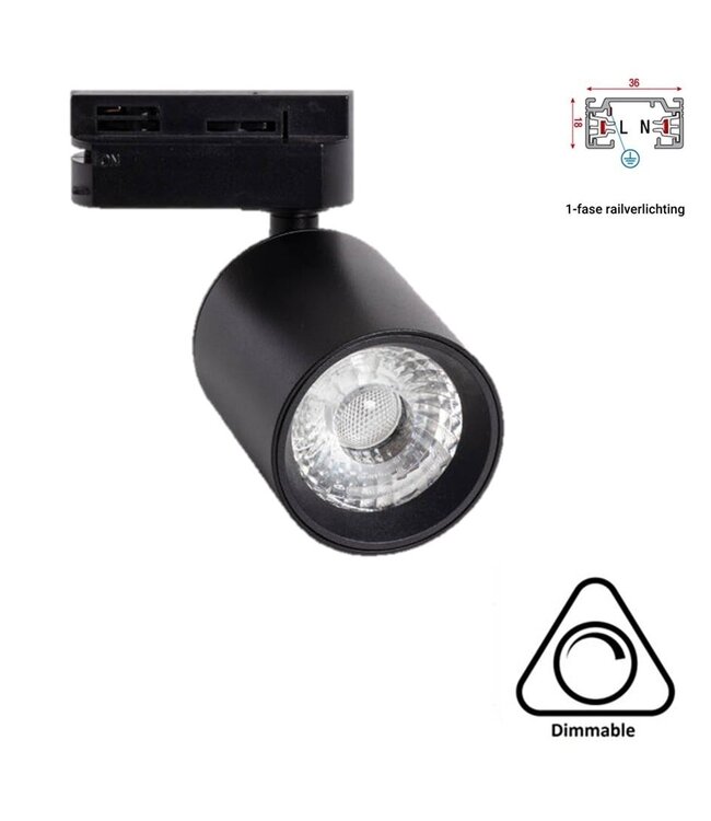 1 Fase Rail Spot Mal, 10w, 1000 Lumen, Dimbaar, Lichthoek:15 graden, Zwart, 2 Jaar garantie