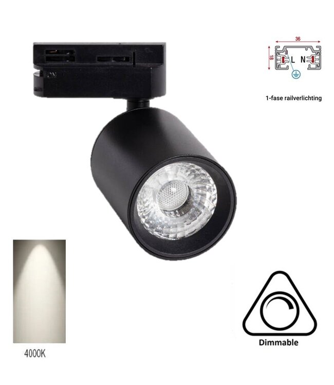 1 Fase Rail Spot Mal, 10w, 1000 Lumen, Dimbaar, Lichthoek:15 graden, Zwart, 2 Jaar garantie