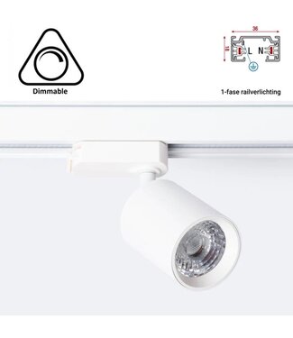 1 Fase Rail Spot Mal, 10w, 1000 Lumen, Dimbaar, Lichthoek:15 graden, Wit, 2 Jaar garantie