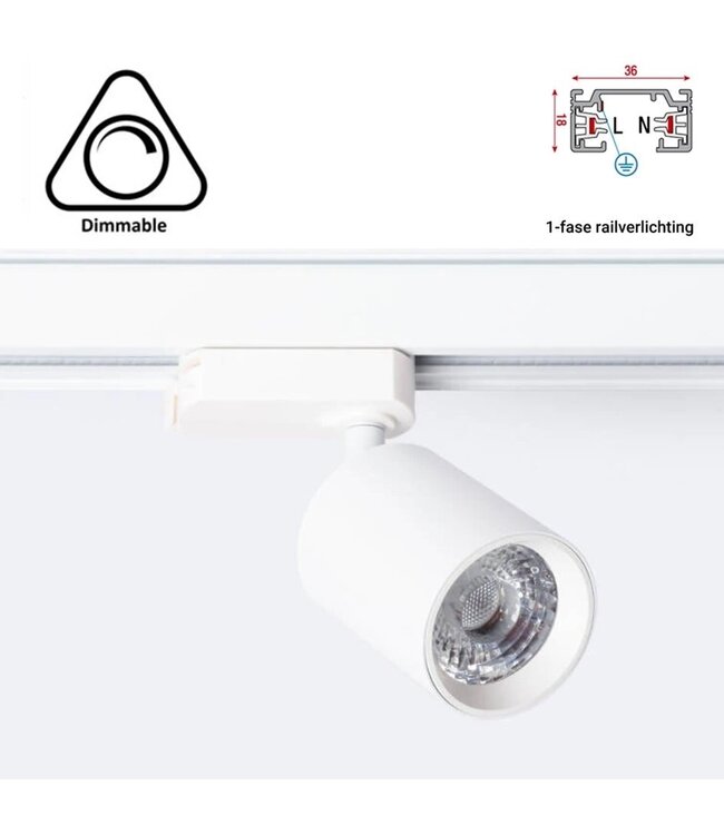 1 Fase Rail Spot Mal, 10w, 1000 Lumen, Dimbaar, Lichthoek:15 graden, Wit, 2 Jaar garantie