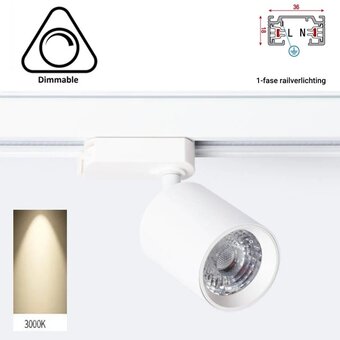 1 Fase Rail Spot Mal, 10w, 1000 Lumen, Dimbaar, Lichthoek:15 graden, Wit, 2 Jaar garantie