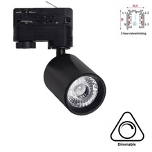 3 Fase Rail Spot Mal, 10w, 1000 Lumen, Dimbaar, Lichthoek:15 graden, Zwart, 2 Jaar garantie