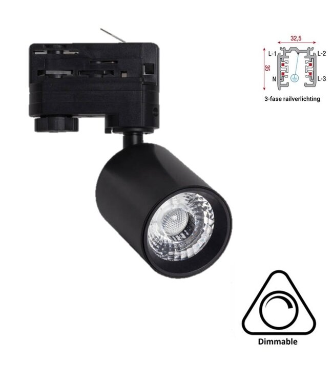 3 Fase Rail Spot Mal, 10w, 1000 Lumen, Dimbaar, Lichthoek:15 graden, Zwart, 2 Jaar garantie