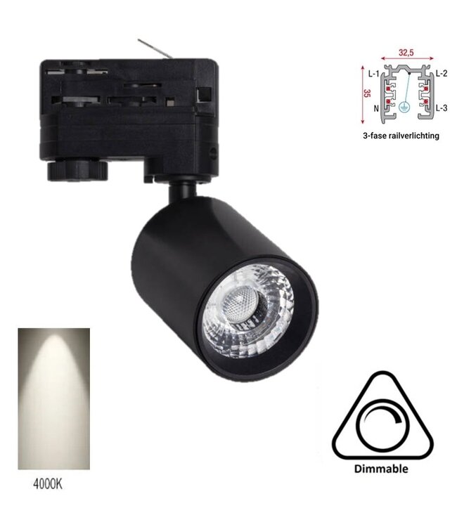 3 Fase Rail Spot Mal, 10w, 1000 Lumen, Dimbaar, Lichthoek:15 graden, Zwart, 2 Jaar garantie