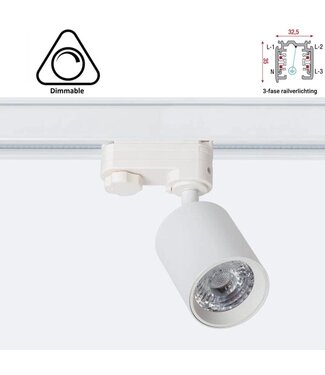 3 Fase Rail Spot Mal, 10w, 1000 Lumen, Dimbaar, Lichthoek:15 graden, Wit, 2 Jaar garantie