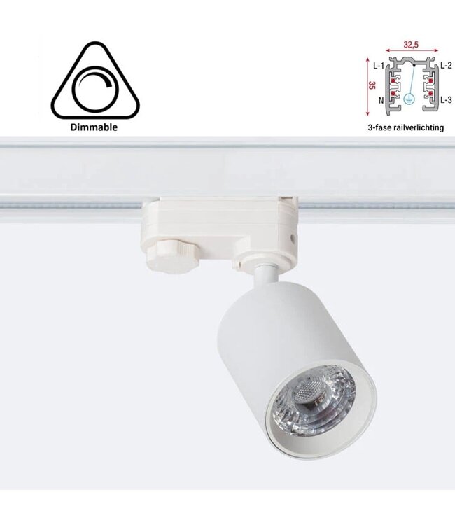 3 Fase Rail Spot Mal, 10w, 1000 Lumen, Dimbaar, Lichthoek:15 graden, Wit, 2 Jaar garantie