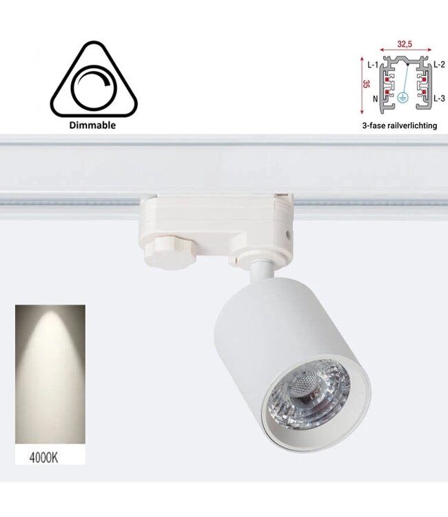 3 Fase Rail Spot Mal, 10w, 1000 Lumen, Dimbaar, Lichthoek:15 graden, Wit, 2 Jaar garantie