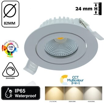 Inbouw LED Spot 6w Flat, 400 Lumen, CCT Switch (2700K/3000K/4000K), Kantelbaar, IP65, Dimbaar, CRI90, Wit Armatuur, Gatmaat 68-72mm, 2 Jaar Garantie