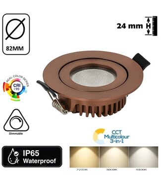Reserveer: Inbouw LED Spot 6w Flat, 400 Lumen, CCT Switch (2700K/3000K/4000K), Kantelbaar, IP65, Dimbaar, CRI90, Brons Armatuur, Gatmaat 68-72mm, 2 Jaar Garantie