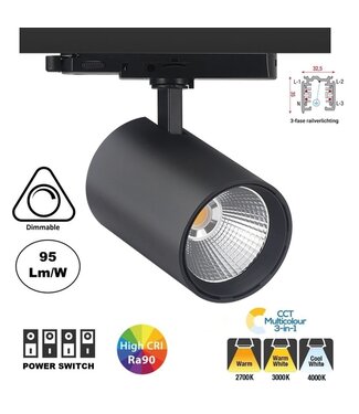 Reserveer: 3 Fase LED Rail Spot ROS Koker, TRIAC-Dimbaar,  Wattage switch: 10/20/30w,  CCT-Switch, 950 tot 2850 lumen, CRI>90, Zwarte Behuizing , 3 Jaar Garantie