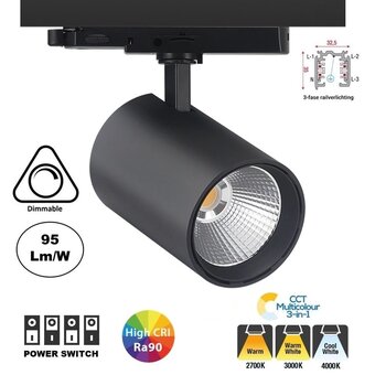 3 Fase LED Rail Spot Koker, TRIAC-Dimbaar,  Wattage switch: 10/20/30w,  CCT-Switch, 950 tot 2850 lumen, CRI>90, Zwarte Behuizing , 3 Jaar Garantie