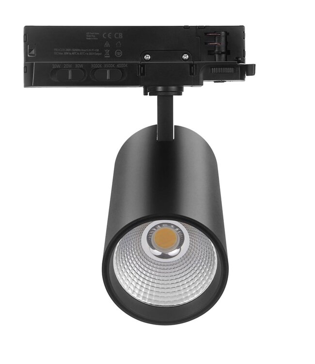 Reserveer: 3 Fase LED Rail Spot ROS Koker, TRIAC-Dimbaar,  Wattage switch: 10/20/30w,  CCT-Switch, 950 tot 2850 lumen, CRI>90, Zwarte Behuizing , 3 Jaar Garantie
