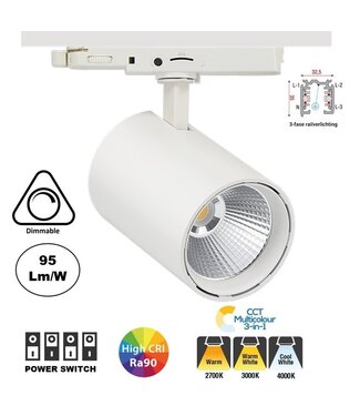 3 Fase LED Rail Spot Koker, TRIAC-Dimbaar,  Wattage switch: 10/20/30w,  CCT-Switch, 950 tot 2850 lumen, CRI>90, Witte Behuizing , 3 Jaar Garantie