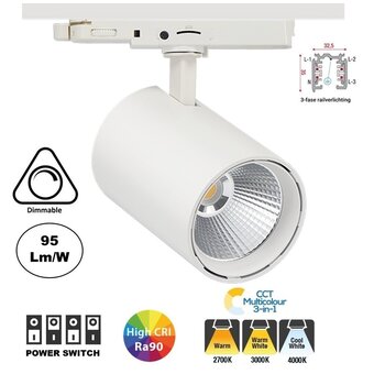 3 Fase LED Rail Spot Koker, TRIAC-Dimbaar,  Wattage switch: 10/20/30w,  CCT-Switch, 950 tot 2850 lumen, CRI>90, Witte Behuizing , 3 Jaar Garantie