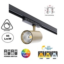 3 Fase LED Rail Spot Koker, TRIAC-Dimbaar,  Wattage switch: 10/20/30w,  CCT-Switch, 950 tot 2850 lumen, CRI>90, Goud Behuizing , 3 Jaar Garantie