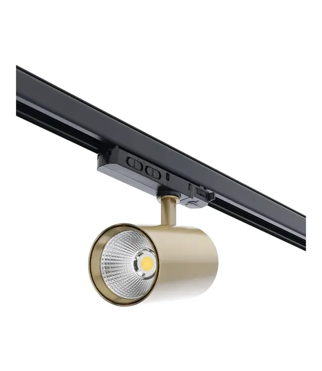 3 Fase LED Rail Spot Koker, TRIAC-Dimbaar,  Wattage switch: 10/20/30w,  CCT-Switch, 950 tot 2850 lumen, CRI>90, Goud Behuizing , 3 Jaar Garantie