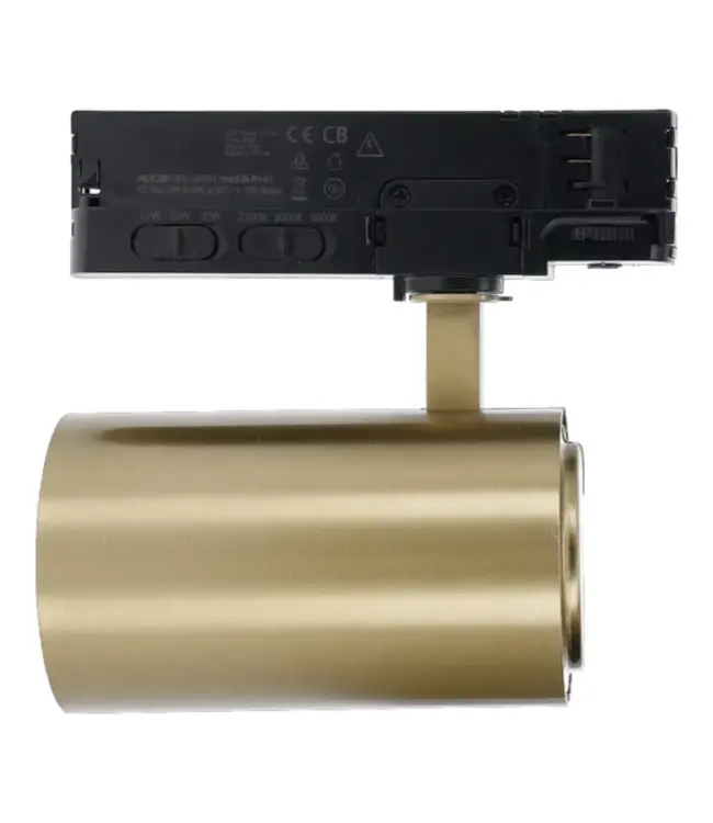 3 Fase LED Rail Spot Koker, TRIAC-Dimbaar,  Wattage switch: 10/20/30w,  CCT-Switch, 950 tot 2850 lumen, CRI>90, Goud Behuizing , 3 Jaar Garantie