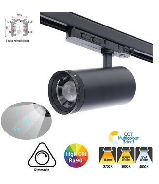 Reserveer: 3 Fase LED Rail Spot met Instelbare lichthoek (15°-55°), TRIAC-Dimbaar,  Wattage switch: 20/25/30w,  CCT-Switch, 1500 tot 2250 lumen, CRI>90, Zwarte Behuizing , 3 Jaar Garantie