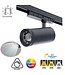 Reserveer: 3 Fase LED Rail Spot met Instelbare lichthoek (15°-55°), TRIAC-Dimbaar,  Wattage switch: 20/25/30w,  CCT-Switch, 1500 tot 2250 lumen, CRI>90, Zwarte Behuizing , 3 Jaar Garantie
