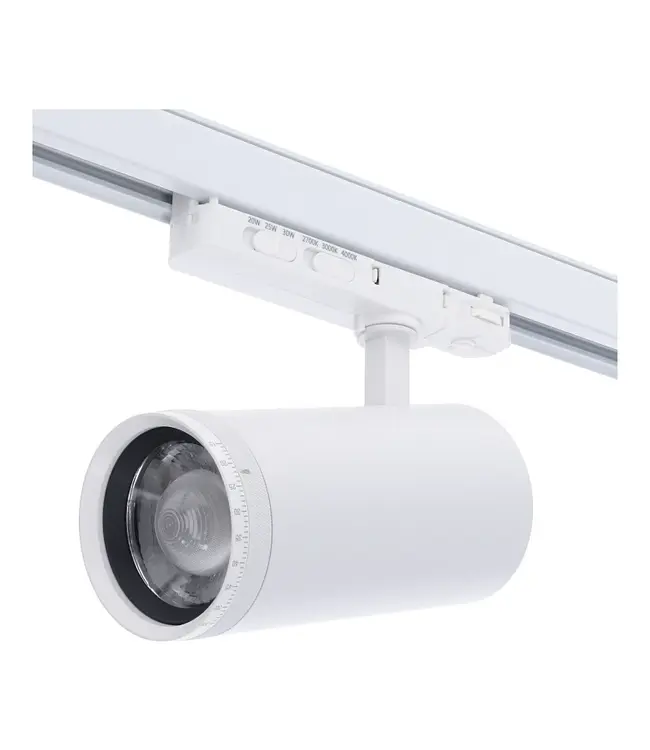 3 Fase LED Rail Spot met Instelbare lichthoek (15°-55°), TRIAC-Dimbaar,  Wattage switch: 20/25/30w,  CCT-Switch, 1500 tot 2250 lumen, CRI>90, Witte Behuizing , 3 Jaar Garantie