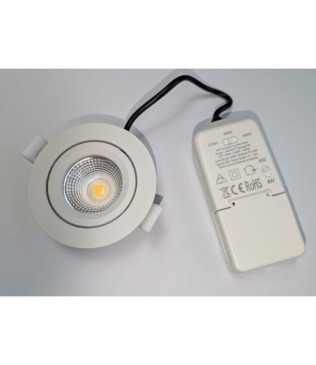 Inbouw LED Spot 6w Flat, 400 Lumen, CCT Switch (2700K/3000K/4000K), Kantelbaar, IP65, Dimbaar, CRI90, Messing Armatuur, Gatmaat 68-72mm, 2 Jaar Garantie